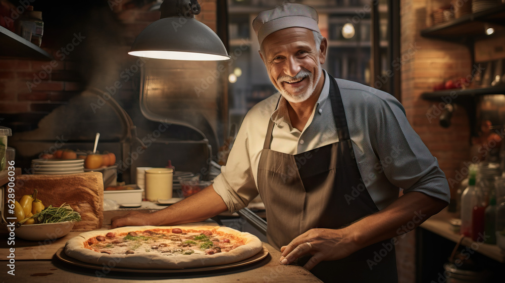 Italian Chef at Work in His Pizzeria. Manager. Family Business. Manager Concept of Dream, Pizza, Pasta, and Cook.
