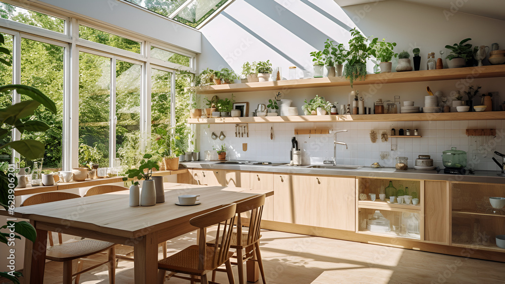 A lavish open kitchen with bright day light and has a open window add a few cabinets, showing a gree plants from behind the window.