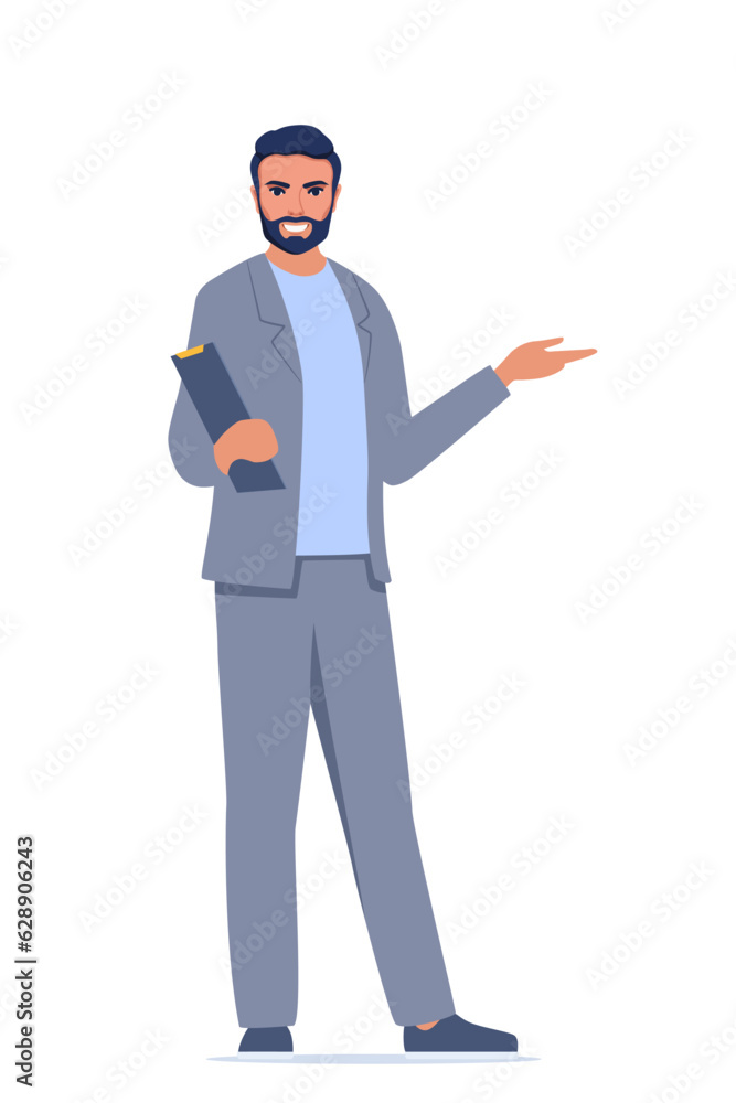 Young character with clipboard standing isolated on white background. Man introduce, show and present something. Business speaker standing with clipboard. Male presenter. Vector illustration.