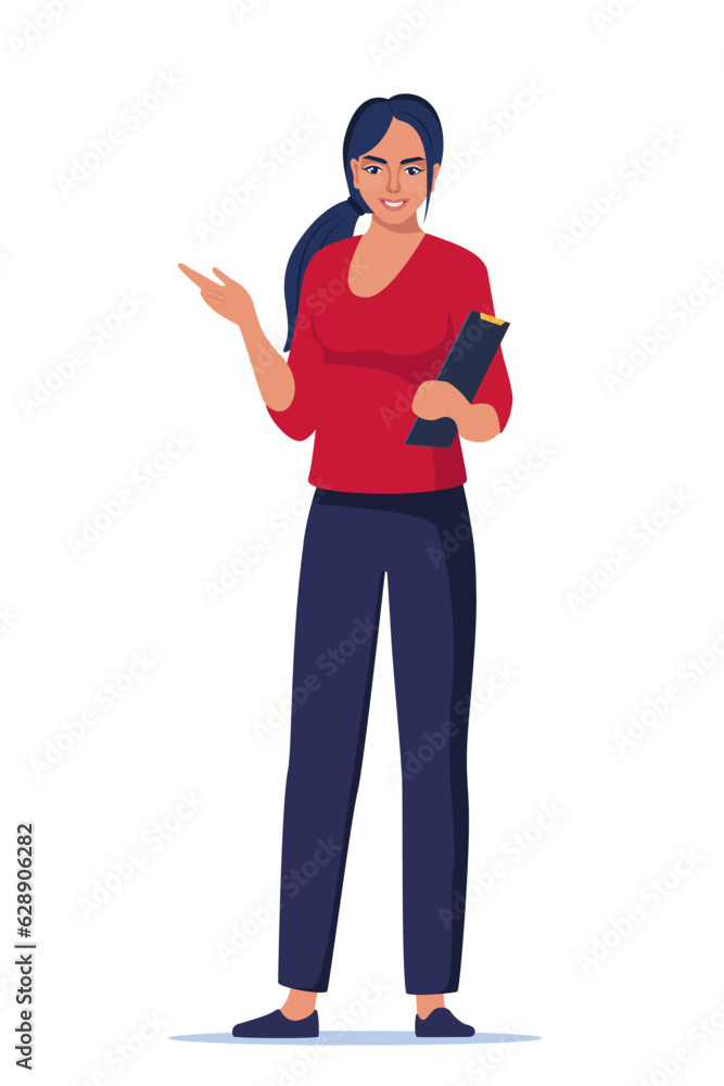 Woman introduce, show and present something. Business speaker standing with clipboard and pointing direction, gesturing with arm. Female presenter. Vector illustration. Woman introduce, show and present something. Business speaker standing with clipboard and pointing direction, gesturing with arm. Female presenter. Vector illustration.