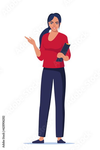 Woman introduce, show and present something. Business speaker standing with clipboard and pointing direction, gesturing with arm. Female presenter. Vector illustration.