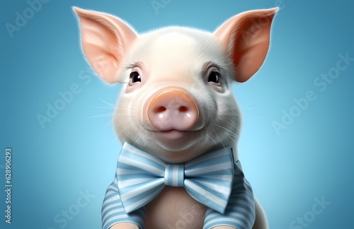 Pig wearing a birthday hat with tie stock photo, on a blue background