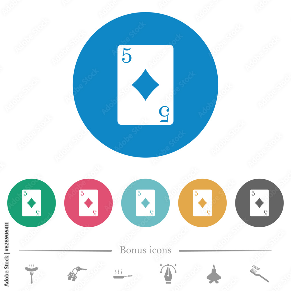 Five of diamonds card flat round icons Five of diamonds card flat round icons