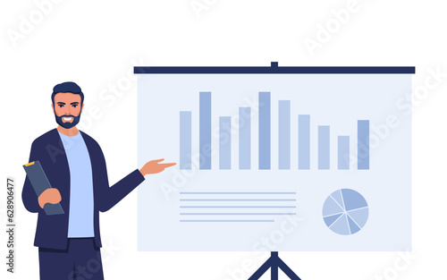 Man speaker pointing at presentation on white board during business seminar. Office worker showing report at whiteboard with pointer. Vector illustration.