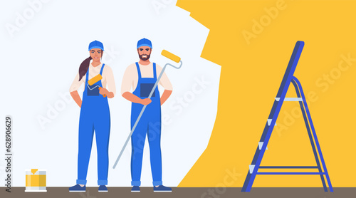 Painters woman and man painting house wall with roller brush. Decorator job, interior renovation service. Vector illustration.