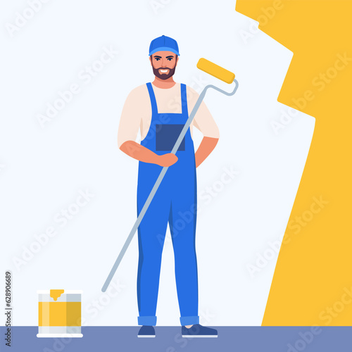 Painter man painting house wall with roller brush. Worker guy using paint-roller and paint cans. Decorator job, interior renovation service. Flat vector character illustration.
