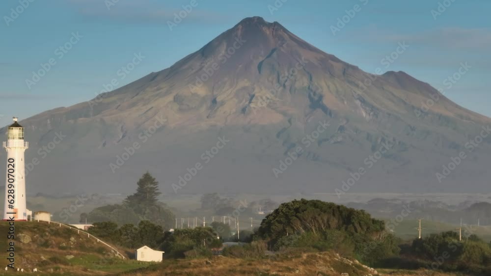 Aerial: Cape Egmont Lighthouse And Mt Taranaki, New Zealand Aerial: Cape Egmont Lighthouse And Mt Taranaki, New Zealand