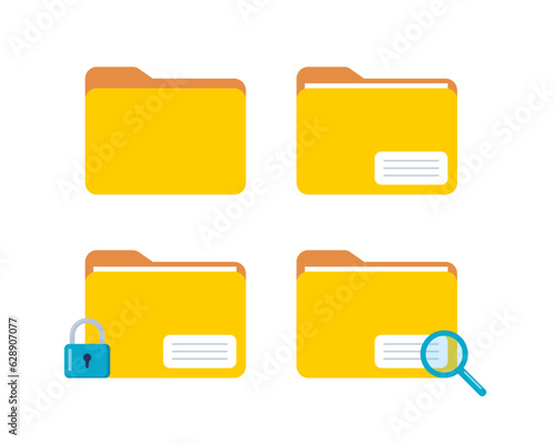 Folder with search icon, magnifying glass, lock and finger print protection, id authentication icon. Set of computer file folder symbols. Vector illustration.