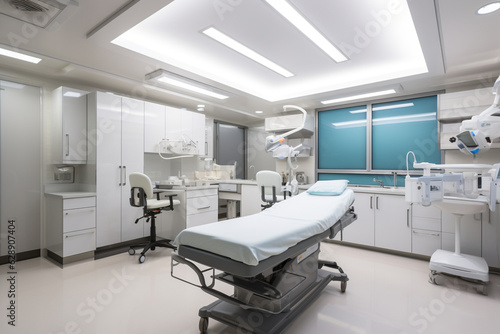 Sterile white walls and gleaming tile floors create a pristine and hygienic environment, while strategically placed surgical lights ensure the surgical field is well-illuminated, l Generative AI