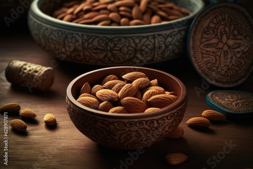 A variety of nuts in different bowls and a plate on a wooden table.