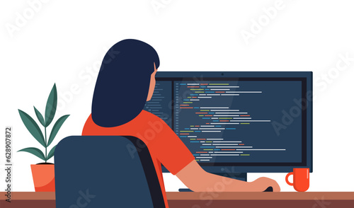 Young woman writing code on a desktop computer. Software developer at work. Programming coding script java, digital program code on monitor screen. Vector illustration.