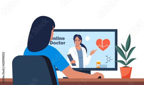 Woman consulting a doctor online using computer, telemedicine and online doctor concept. Video call meeting with doctors at home. Online doctor talking with a patient. Vector illustration.
