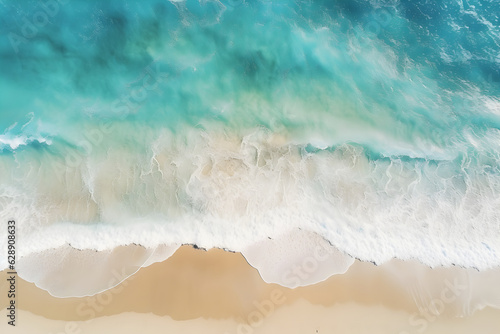 Fototapeta Naklejka Na Ścianę i Meble -  Ocean waves on the beach with blue water waves as a background, Aerial top down view of beach and sea