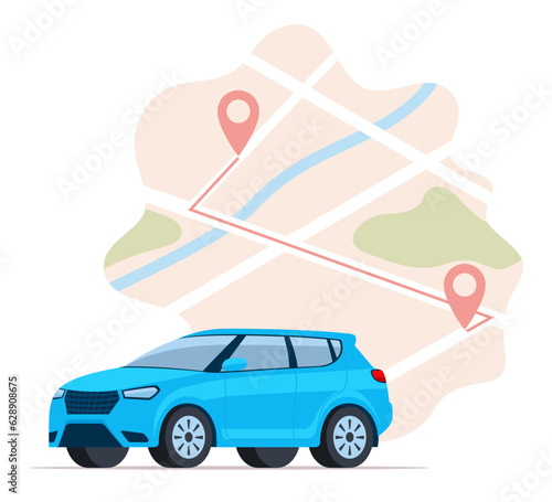 Blue car and points location on a city map. Car sharing concept. Vector illustration.