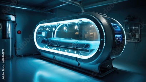 A biohacking space with a hyperbaric oxygen therapy chamber. Generative AI photo
