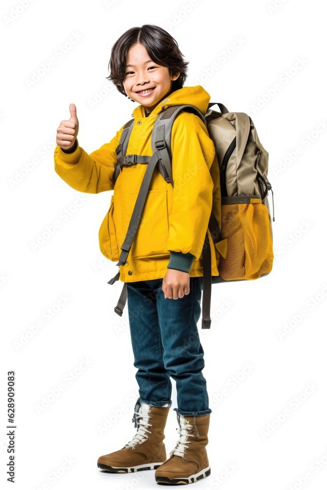 Smiling school boy giving a thumbs up while wearing a yellow jacket and carrying a backpack. Fictional Character Created By Generative AI Smiling school boy giving a thumbs up while wearing a yellow jacket and carrying a backpack. Fictional Character Created By Generative AI