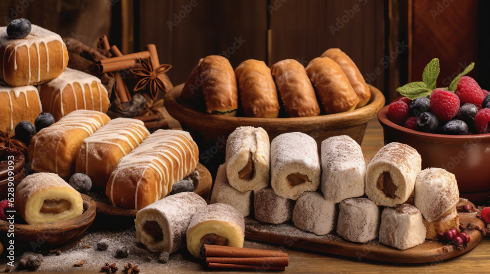 cake, sweets covered with fudge, stuffed with custard. Delicious biscuit pastries in a pastry shop. Generative AI
cake, sweets covered with fudge, stuffed with custard. Delicious biscuit pastries in a pastry shop. Generative AI