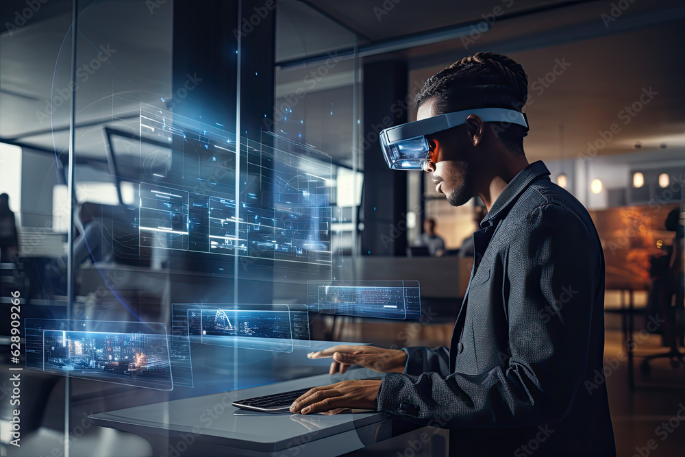 A professional using a futuristic device or wearable technology, augmented reality glasses, while working in a tech-forward office environment. Generative AI A professional using a futuristic device or wearable technology, augmented reality glasses, while working in a tech-forward office environment. Generative AI