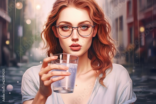 Beautiful red-haired woman in glasses holding a glass of water Fictional Character Created By Generative AI