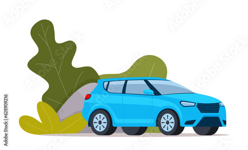 Blue modern Suv car, side view. Green bushes on the background. Vector illustration.