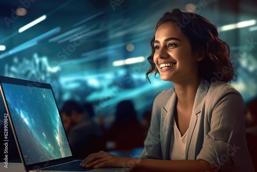 A woman working on her laptop with a big smile on her face Fictional Character Created By Generative AI