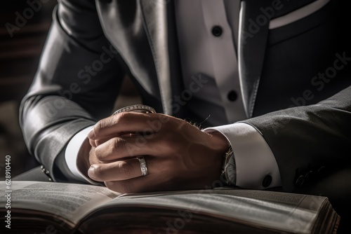A man wearing a suit and tie is reading a book Fictional Character Created By Generative AI
