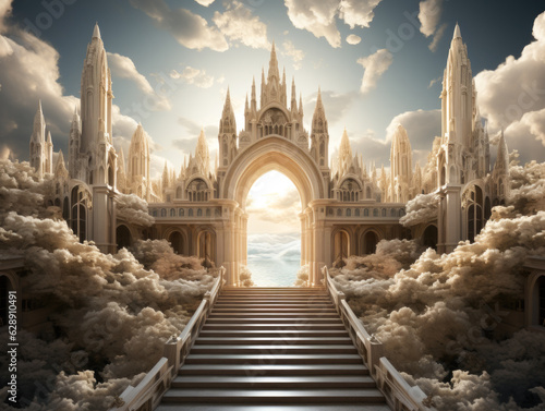 The bright side of heaven contrasts with the duller foreground, depicting the pearly gates of heaven open. Generative AI