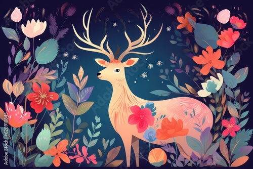 Beautiful spring art work illustration with flowers and deer  Generative AI