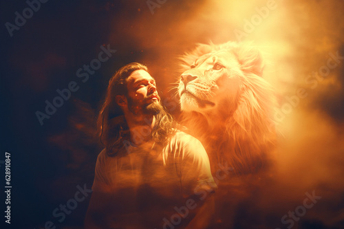 Fotografiet Double exposure lion and Jesus Christ