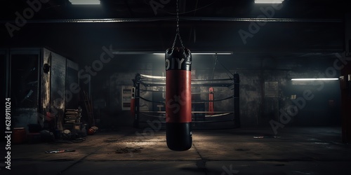 AI Generated. AI Generative. Dark vintage retro old gym boxing bag fitness sport martial arts room interior. Graphic Art © AkimD