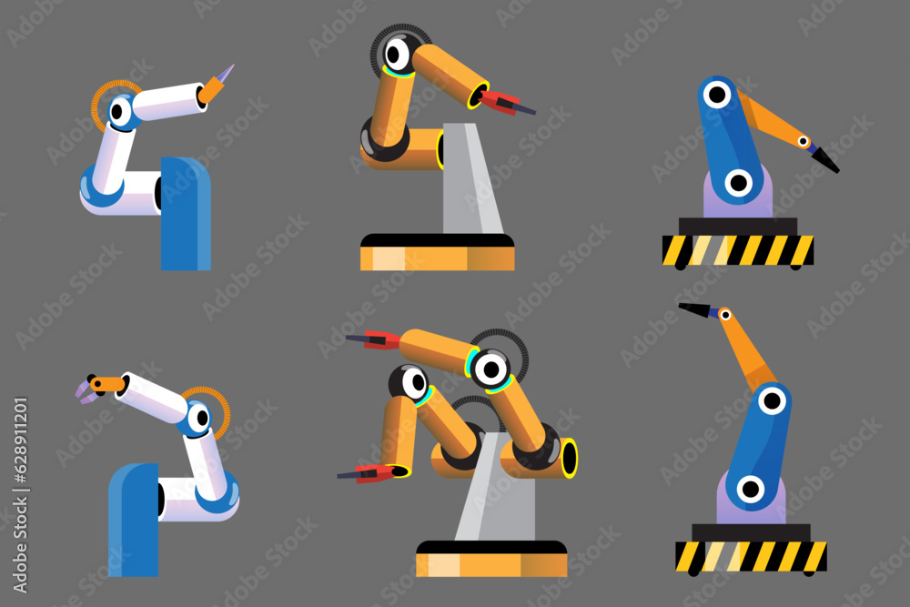 6 Robotic arm flat style design vector illustration icons signs set collection isolated. Robot arm or hand. Industrial robot manipulator.