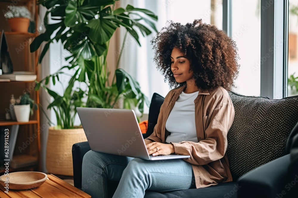 Woman using laptop while sitting on a couch. Woman using laptop while sitting on a couch.