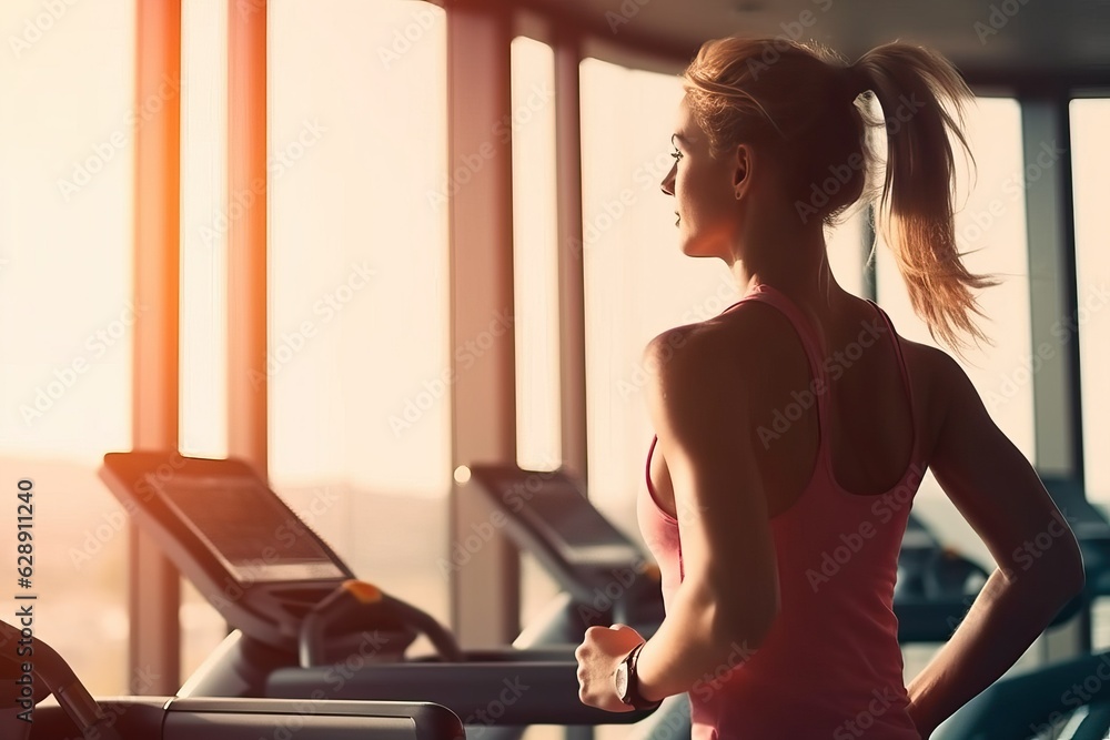 Fitness woman running on treadmill at the gym. in morning Fitness woman running on treadmill at the gym. in morning