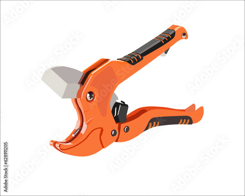 Vector Illustration Multifunction Ratchet type PVC Tube and Plastic Pipe Cutter, Pipe Cutting, Plumbing Pipe, Wire and Trunking cutter isolated on white background. Carpentry tools.