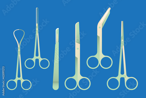Set of surgical instruments on blue background. Vector illustration in flat style.
