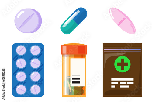 Set of vector realistic pills and capsules isolated on white background. Medicines, tablets, capsules, drug of painkillers, antibiotics, vitamins