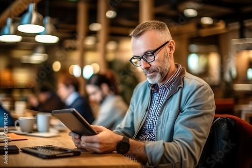 Man using tablet while sitting in coffee shop.