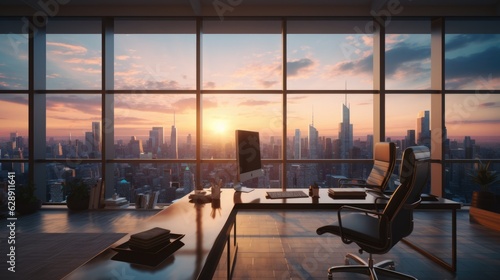 A business office of the company in the morning sunrise. 