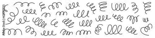 Lines of spirals, springs, icons geometrically looped, shapes coiled, squiggles in graphics, zigzagging wires, oval thin designs, circle doodles. Flat vector illustrations isolated on white background