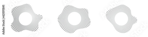 Circular sound waves, depicting audio music, round symbols of voice, icons and logos for equalizers, radial spectrum designs, ring patterns. Flat vector illustrations isolated on white background.