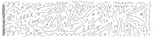 Squiggly lines in pencil, doodles, scribbles, brush squiggles, chalk patterns. Crayon curlicues, swirls in strokes, abstract designs. Flat vector illustrations isolated on white background