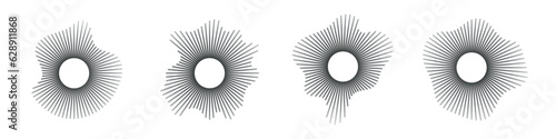 Sound waves in circular forms, linked with audio music, round voice icons, logos for equalizers, radial spectrums, rings in patterns. Flat vector illustrations isolated on white background.