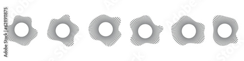 Circular shapes of sound waves, for audio music, round icons of voice, logos, equalizers, radials in spectrum, patterns in rings. Flat vector illustrations isolated on white background.