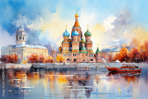 oil painting on canvas, Russia. Artwork. Big ben. a boat in the river. Building. famous travel. Bridge and river (ai generated)