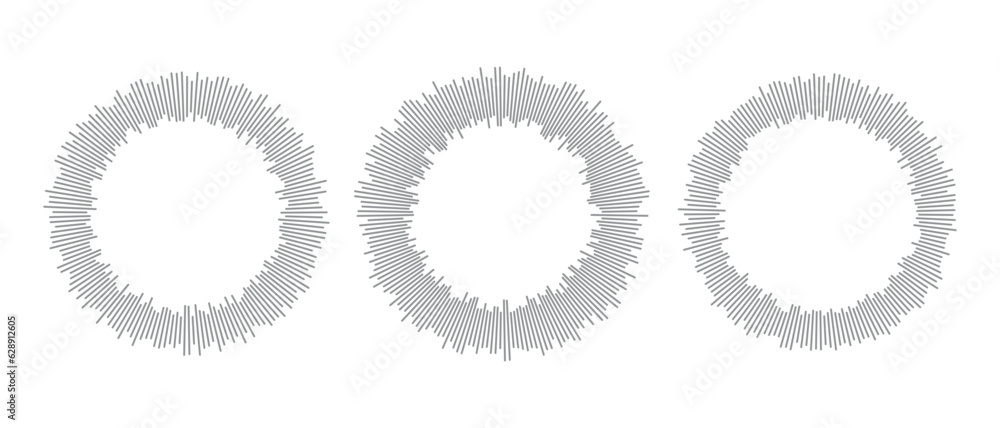 Audio waves for music sounds, equalizer graphics, round circle logos, radio voice spectrum, beat symbols, soundwave in circular form. Flat vector illustrations isolated on white background