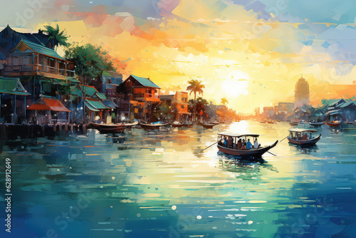 Lifestyle of local vietnamese living in a boat at Can Tho in beautiful morning sunrise, most famous and biggest floating market in Mekong Delta, Vietnam- oil painting. (ai generated) © ImagineDesign