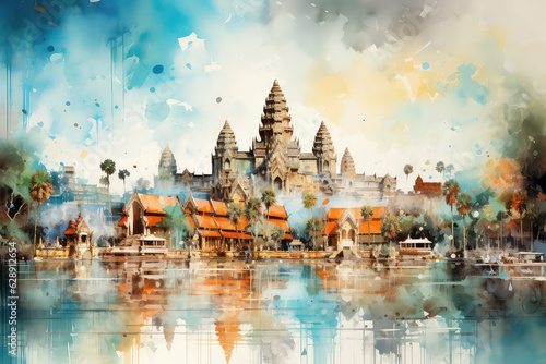 Angkor Wat Temple, Cambodia, Southeast Asia. Watercolor painting landscape colorful of architecture, section natural tourism travel in beautiful and sky. Hand drawn illustration. (ai generated)