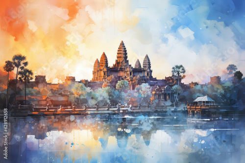 Angkor Wat Temple, Cambodia, Southeast Asia. Watercolor painting landscape colorful of architecture, section natural tourism travel in beautiful season and sky. Hand drawn illustration. (ai generated)