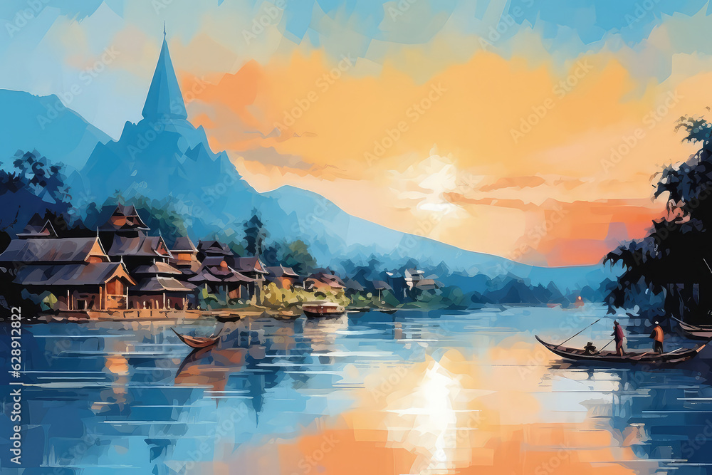 Φωτογραφία oil painting on canvas, Village and bungalows along Nam Song River in Vang Vieng, Laos