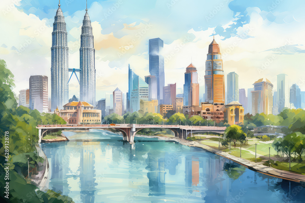 oil painting on canvas, Kuala lumpur city skyline in the morning, Kuala lumpur Malaysia (ai generated)